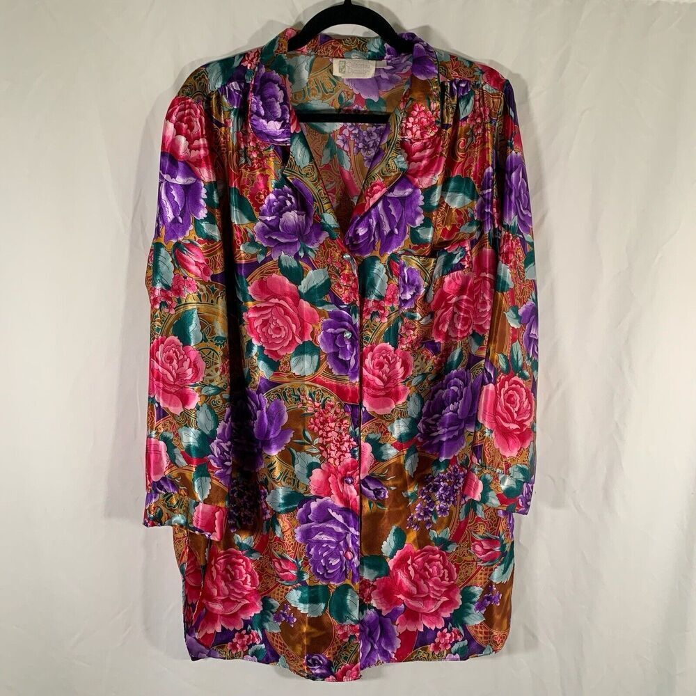 Vintage California Dynasty Night Dress Women Medium Floral Long Sleeve satin